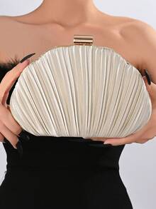 Women's Elegant Pleated Shell - Shaped Clutch Bag, Glamorous Evening Handbag With Gold Chain Strap, Exquisite Purse For Party, Wedding, Prom, Dinner, Bridal Shower, Matching Bridal Party Accessories - 杏色 - 查看 2