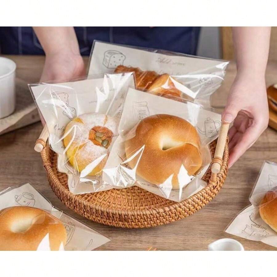 100pcs  Transparent Hand-Painted Bread Bag: Coffee Utensil Pattern Embellished, Bagel Packaging Hidden, Baked Small Fortune - Clear - View 1