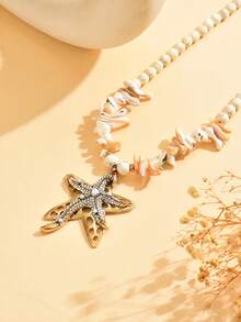 1pc Summer Beach Hawaiian Style White Turquoise Double Layer Asymmetrical Hollow Starfish Pendant Necklace, Exaggerated Design Turquoise Beaded Boho Chic Starfish Necklace For Women, Suitable For Daily Wear And Vacation - White - View 3