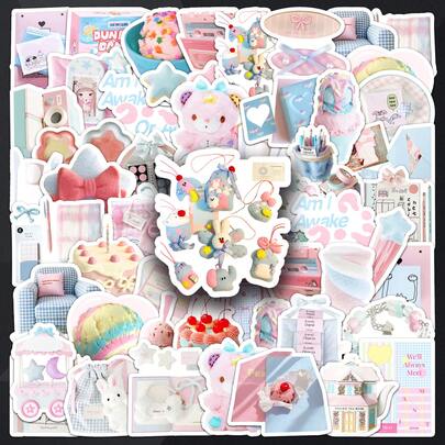 52pcs Minimalist Blue & Pink Korean Style Creative Dopamine Doodle Stickers For Luggage, Stationery
