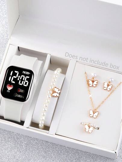 6pcs/Set Women's Sports White Heart & Number Digital Watch And Elegant Rhinestone Bow Jewelry Set