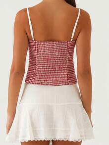 Women's Plaid Print Camisole Adjustable Spaghetti Strap Slim Fit Mini Tank Tops Streetwear - Red - View 4