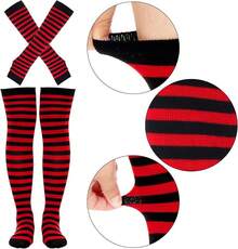 Tongcloud Women's Striped Knee High Socks, Over Knee Thigh High Socks, Arm Warmer And Fingerless Gloves SetHalloween Christmas New Year - 黑色和紅色 - 查看 6