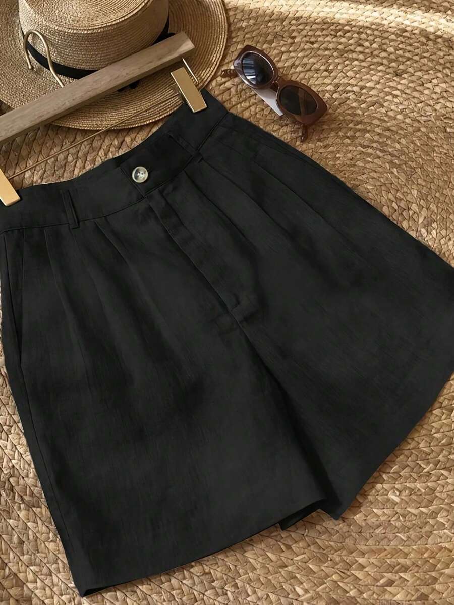 女士纯色褶裥口袋阔腿宽松休闲短裤 黑色 夏季 - 黑色 - 查看 1