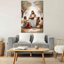 1pc, Framed Wall Art, Jesus With Children Reading Bible, Detailed Depiction Of Jesus Sitting Outdoors Surrounded By Children, Reading From A Book Under A Tree With Soft Light Filtering Through Leaves, Canvas Wall Art For Living Room, Bedroom, Bathroom, Study Room, Dining Room, Office, Wooden Wall Art Decor, Ideal Gift - 彩色 - 查看 3