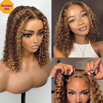 蜂蜜金色 4x4 5x5 13x4 13x6 深卷蕾丝前鲍勃假发 200% 密度 4*4 5*5 即戴即用预切透明无胶蕾丝闭合前假发卷曲预拔预漂白结耐高温纤维合成混合人发混合假发适用于婴儿头发的女性 8-16 英寸鲍勃假发预切蕾丝适用于 4x4 5x5 高光渐变钢琴色 P4/27#（8-36 英寸）