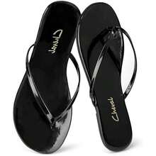 Haifago Flat Leather Beach Flip Flops For Women, Comfortable Summer Beach Walking Cushion Sandals For Women,Fashion Flat Sandals Suitable For Dress Slip On Indoor Outdoor,2026 Summer Chanclas Para Mujer,Black Sandals - Màu đen bóng - Xem 2