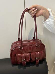 1 buah Tas Tote Minimalis Vintage dengan Resleting, Dilengkapi Kantong dan Dua Pegangan, Cocok untuk Penggunaan Sehari-hari Wanita, Baik untuk Aktivitas Kasual maupun Komuter. - Burgundy - View 4