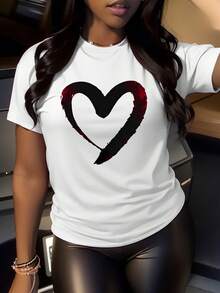 Camiseta de manga corta con estampado de corazón ,Camiseta informal de algodón de verano para mujer, manga corta, cuello redondo, 220 g/m2 (1 pieza) - Blanco - Ver 1
