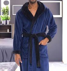 Mens Robe With Hood, Plush Fleece Hooded Mens Bathrobe, Big And Tall Bath Robe For Menhalloween - Navy Blue With Black - View 11
