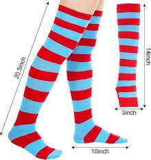 Tongcloud Women's Striped Knee High Socks, Over Knee Thigh High Socks, Arm Warmer And Fingerless Gloves SetHalloween Christmas New Year - 紅色和藍色 - 查看 3