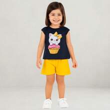 Conjunto Infantil Menina Verão Blusa Meia Malha e Short Moletinho Confortavel Elegante Kyly 1000986 - Azul Marinho - Visão 3