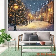 1pc Christmas Winter Snowy Landscape Backdrop With Lamp Post, Holiday Trees And Cozy Cottage, Polyester Fabric, Suitable For Holiday Photography, Baptism, First Communion, Outdoor Party Decor - 1 - View 6