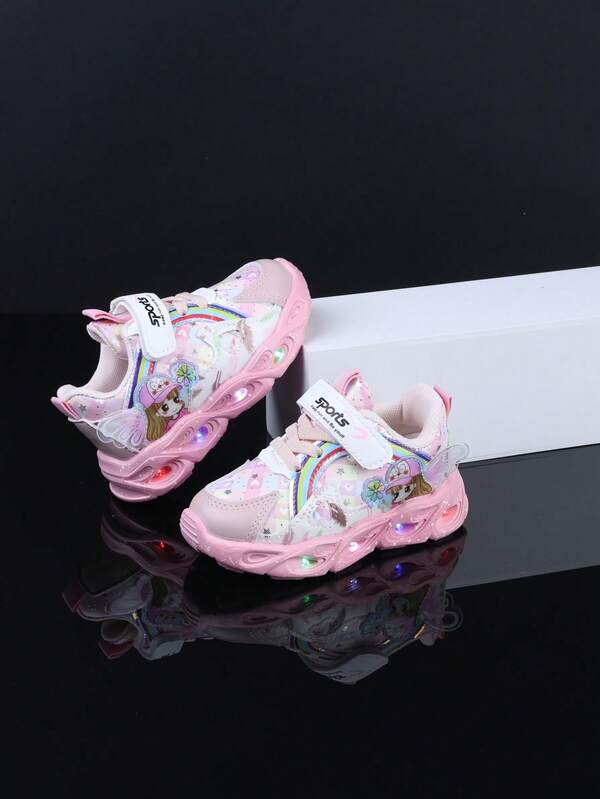 Nuevos zapatos con luces de arcoíris de dibujos animados para niñas, atuendo estudiantil, zapatos cómodos y casuales con luces intermitentes para todas las estaciones, zapatillas para niños pequeños y niños, zapatos brillantes y lindos