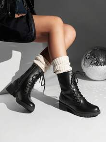 Women's Lace-Up Combat Boots Mid-Calf Militarys Classic And Stylish Winter Festival Christmas Black Boots - 黑色 - 查看 5