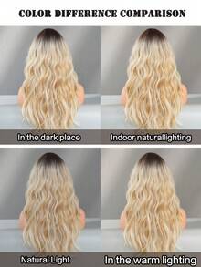 24 Inch Long Wavy Beige Blonde Highlight Wig With Curtain Bangs For Women Heat Resistant Fiber Hairpiece With Dark Roots,Natural Synthetic Full Machine Hair Wigs For Daily Music Festival Party Wear, Cosplay Halloween & Street Photography Use - 亞麻金 - 查看 7