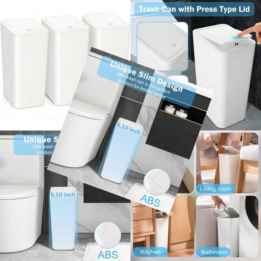 Bathroom Trash Can With Lid 3 Pack 10 L 2.6 Gal Slim Garbage Bin Waste Basket With PopUp Lid For Kitchen Office Bedroom White