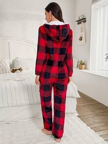 毛绒格子连帽长款连体裤，秋冬季，蓬松舒适 - 彩色 - 查看 2