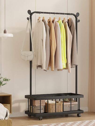 1pc Single/Double Rod Clothes Rack, Freestanding Bedroom Hanging Rack With Storage Basket, Movable Clothes Drying Rack, Lightweight Luxury Indoor Garment Rack With Hanger