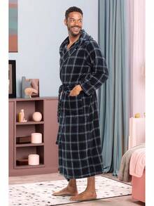 Mens Robe With Hood, Plush Fleece Hooded Mens Bathrobe, Big And Tall Bath Robe For Menhalloween - Blue and Green Tartan Plaid - View 7