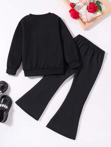 女童卡通图案和字母印花圆领运动衫和喇叭裤套装 - 彩色 - 查看 2