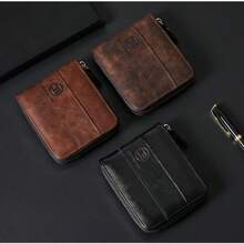Men's Vintage Wallet, Business Style Letter Embossed Classic Credit Card Holder, Short Zipper Coin Purse
