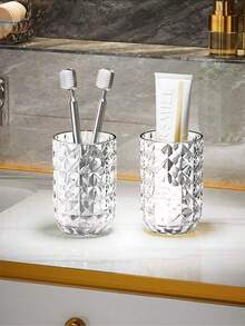 1pc Diamond Texture Transparent Gargle Cup, Large Size Bathroom Rinse Cup, Portable Mouth Rinse Cup, Plastic Household Toothbrush Cup, Bathroom Accessories, Travel Cup - One Piece - View 1