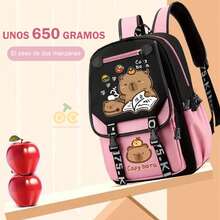 Mochila escolar, mochila escolar con dibujo de carpincho, mochila multifuncional, mochila escolar grande con carpincho, bolsa de viaje de gran capacidad, mochila impermeable, mochila para exteriores, bolsa de almacenamiento, bolsa de viaje, mochila ligera informal, mochila impermeable informal para portátil, bolsa de viaje informal para portátil con bandolera en forma de S, diseño de animal lindo, suministros de almacenamiento, suministros de viaje, adecuada para la escuela, el trabajo, viajes (marrón, rosa) - Rosa - Ver 7