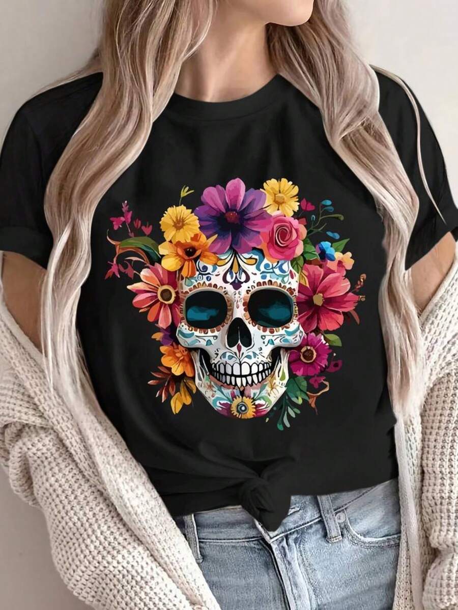 Dama mujer joven playera cuello redondo manga corta juvenil moda chopis grafico diseño tradicional mexicano suave primavera verano jardín casual viaje diseño CREANEO FLORES MORADAS, ROSAS Y AMARILLAS - Negro - Ver 1