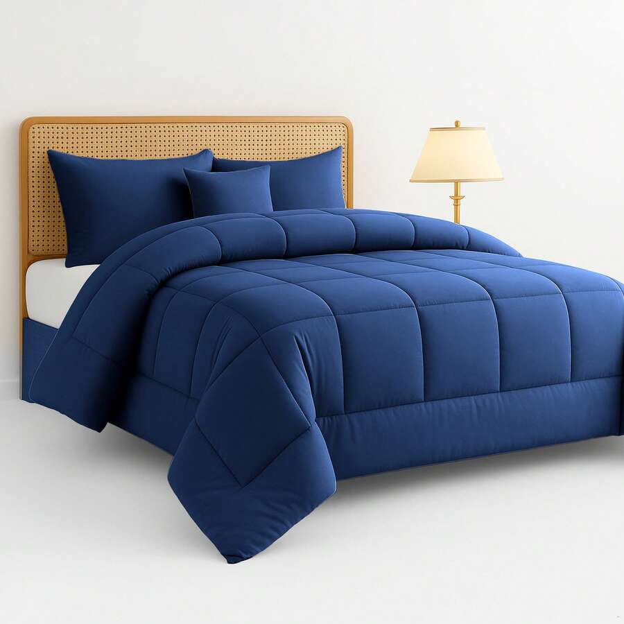 Lux Decor 5-Piece Comforter Set, Soft All-Season Bedding With Comforter, Bed Skirt, Decorative Pillow And Pillow Shams, Lightweight Breathable Hotel Style Bed Set For Bedroom, Guest Room And Home - 藏蓝色 - 查看 1