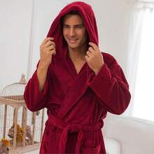 Mens Robe With Hood, Plush Fleece Hooded Mens Bathrobe, Big And Tall Bath Robe For Menhalloween - Burgundy - View 3