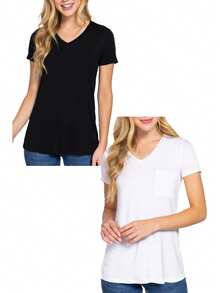 paquete de 2 blusas de manga corta, cuello en V y ajuste relajado con bolsillo en el pecho - Blanco y negro - Ver 1