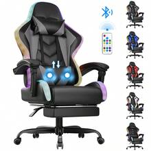 Devoko Gunji Massage Video Game Chair For Adults With Footrest, PU Leather Computer Desk Chair, Adjustable Backrest, High Back Support, Home Office Chair With Headrest And Lumbar Support - 灰色 - 查看 1