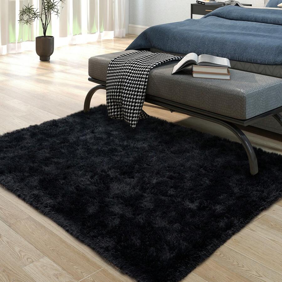 Large Area Rugs For Living Room, Super Soft Fluffy Modern Bedroom Rugs, Indoor Shag Fuzzy Rugs For Modern Home Room Decor - 黑色 - 查看 1