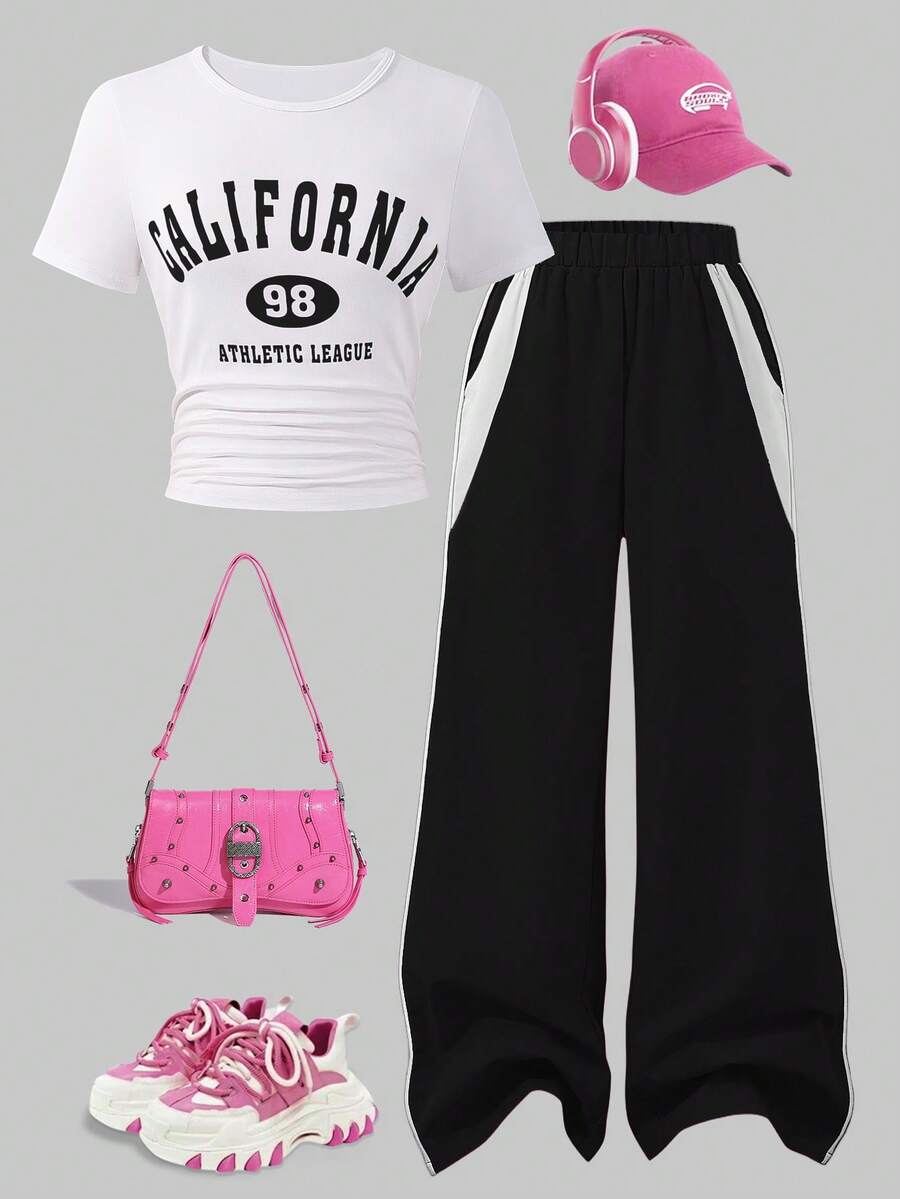 2pcs/Set Casual Round Neck Letter Print Short Sleeve T-Shirt & Pants Set For Teenage Girls, Spring/Summer - White - View 1
