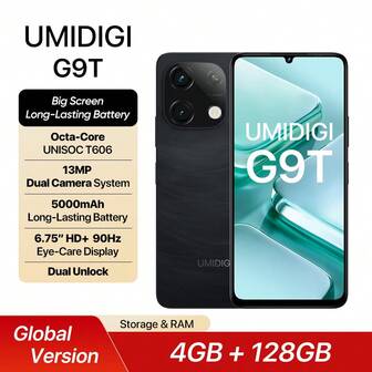 UMIDIGI G9T 全球版智能手机，Android 14，8GB+128GB 可扩展 1TB，6.75 英寸 HD+ 90Hz 显示屏，13MP 摄像头，5000mAh 电池，面部和指纹解锁，4G 双 SIM 卡，GPS