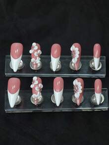 CrystalHola 10pcs Almond-Shaped Nails Y2K White French Style & Full Of Sparkling Rhinestones, 3D Flower Design Decoration, Ideal For Party And Daily Wear, Great As Gift For Women And Girls. Press On Nails - 彩色 - 查看 12