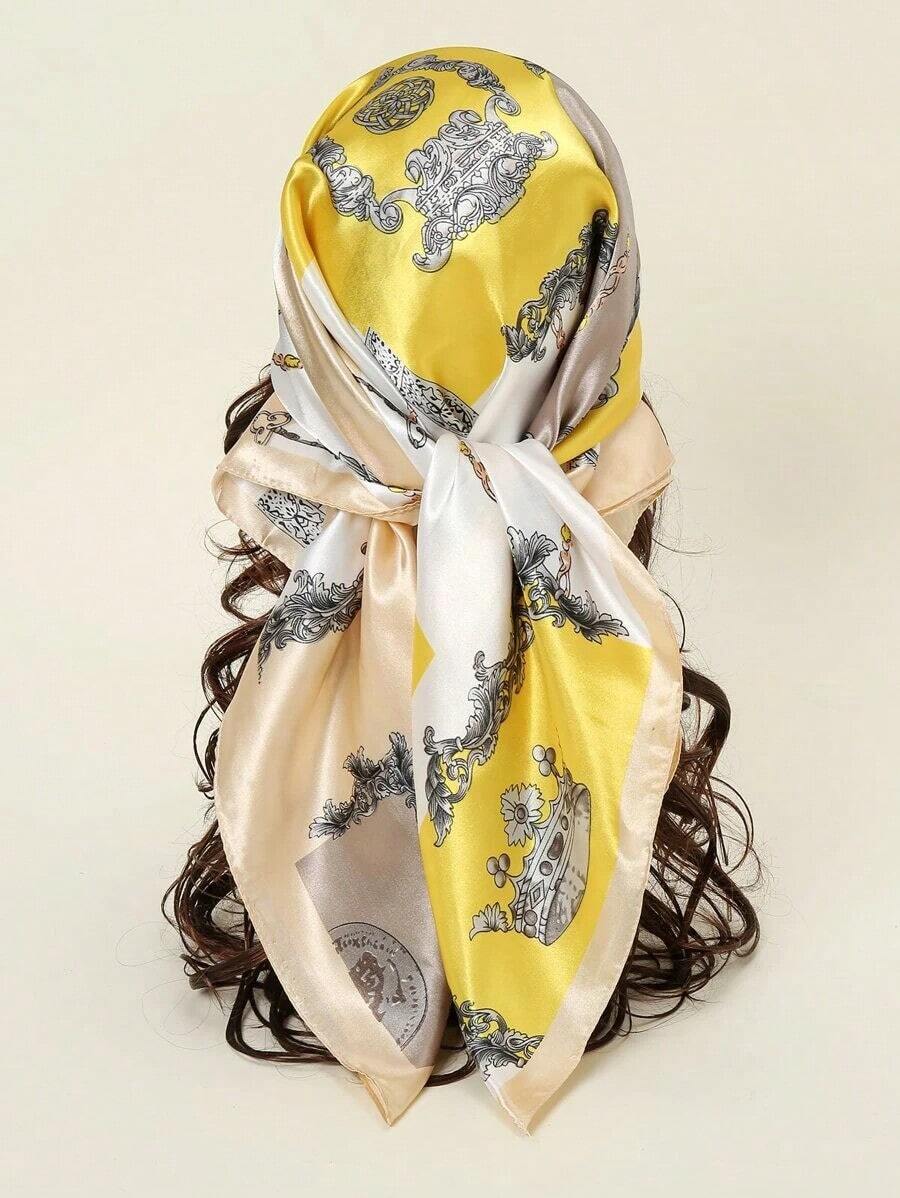 Printed Satin Scarf – 1pc 90cm Square Bandana, Elegant Hair Wrap Or Neck Scarf For Women - 黃色 - 查看 1
