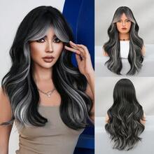 24 Inch Long Wavy Black White Highlight Wig With Curtain Bangs For Women Heat Resistant Fiber Hairpiece,Natural Synthetic Full Machine Hair Wigs For Daily Music Festival Party Wear, Cosplay Halloween & Street Photography Use - 挑染白色 - 查看 10