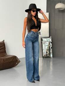 SQUALO Damskie szerokie nogawki w kolorze z kieszeniami, zniszczone, sprane, w stylu ulicznym, podarte i wycięte, szerokie nogawki - Jasnoniebieski - Zobacz 3