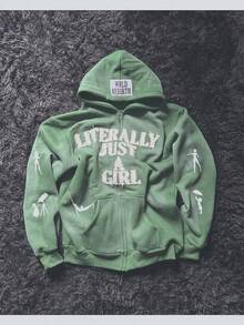 Y2K Hip Hop 3D Letter Print Hoodie - Unisex Oversized Zip-Up Jacket, Streetwear Graphic Pullover - Green - View 1