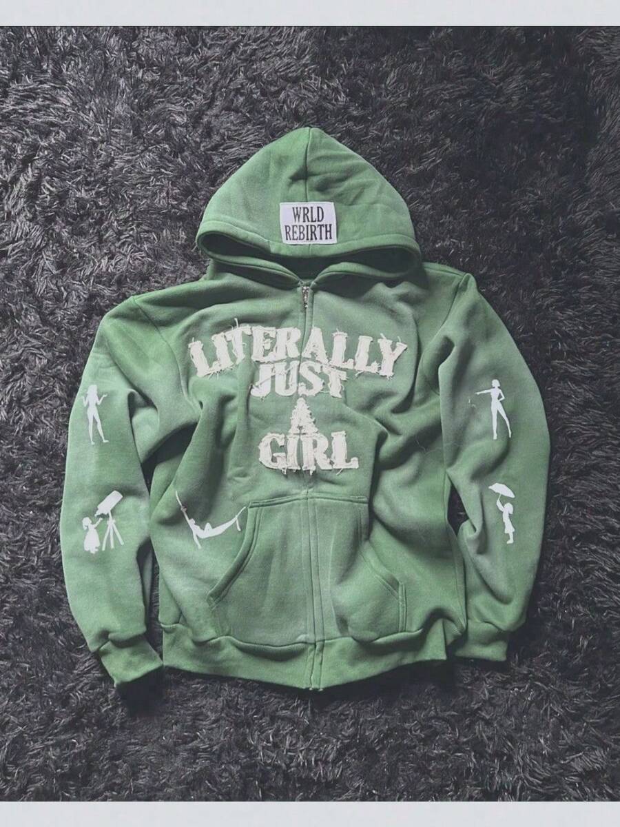 Y2K Hip Hop 3D Letter Print Hoodie - Unisex Oversized Zip-Up Jacket, Streetwear Graphic Pullover - Green - View 1