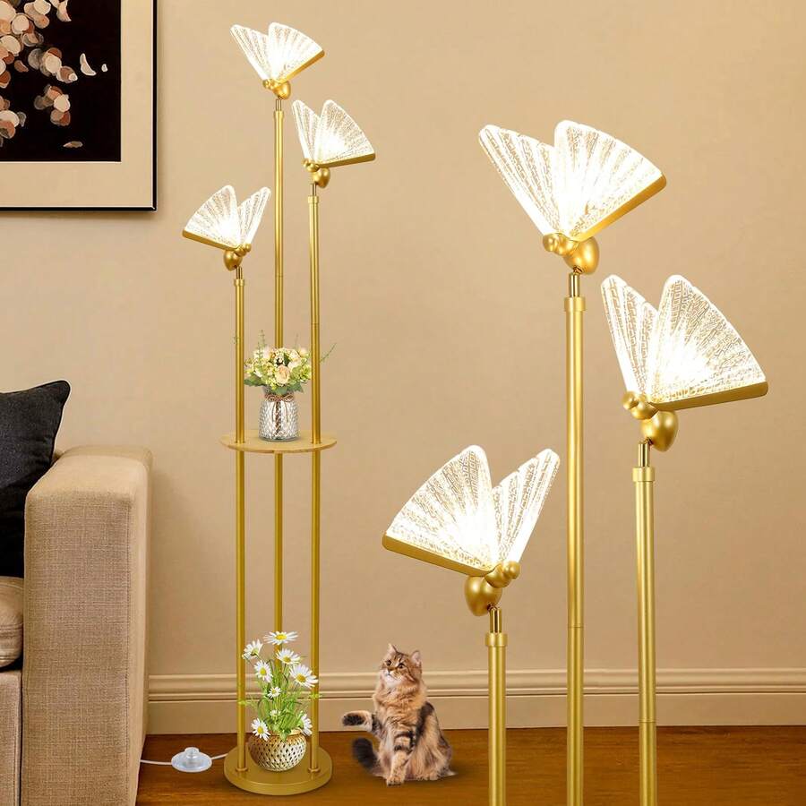 Butterfly Lamp, Gold Floor Lamp With Shelves, 3 Lights Modern Standing Lamps With Table, Acrylic Adjustable LED Butterfly Lights, On/Off Switch, Corner Tall Lamps For Living Room Girls Bedroom - Xem 1