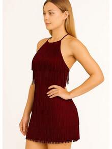 Vestido De Fiesta Sexy Con Flecos. Estilo Vaquero - Burdeos - Ver 2