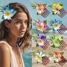 1pc Tropical Artificial Hibiscus Flower Hair Comb - Hawaiian Bridal Hair Accessory, Includes Yellow, Blue, Pink Flowers And Green Leaves, Suitable For Straight/Wavy/Curly Hair - Beach Wedding Decor, Tropical Party Accessory, Realistic Floral Design, Polyester Flower Print Boho, Combs, Hair Comb, Side Comb, Combs For Hair, Bride To Be