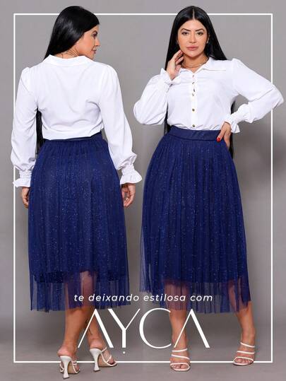 Saia Tule Gliter Moda Evangelica Congresso  Salto alto    elegante  Casual  Festa    Em camadas  Refletivo / Refletor    Saia  Palco e Concerto    Inverno Verão Outono