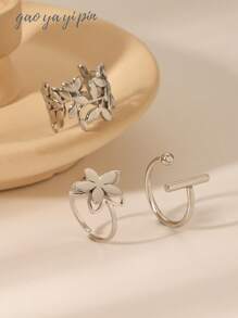 3pcs Set Minimalist Stainless Steel 18K Gold Plated Hollow Leaf & Flower Design Rings For Women, Suitable For Daily, Festival, Date, Birthday, New Year Celebration Accessories Or Gift