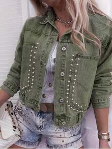 Plus Size Women's Rivet Embellished Brown Non-Stretch Plus Size Denim Jacket With Embroidered Pockets And Studded Detailing