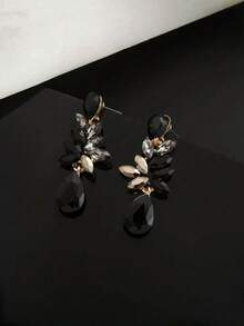 1pc Fully Rhinestone Earrings, Elegant Geometric Zinc Alloy Earrings For Women - Black - View 6