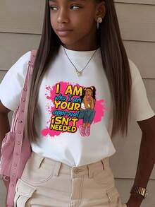 Girls & Teenagers Students Casual Printed Black Crew Neck Short Sleeve T-Shirt Top, Summer - White - View 1